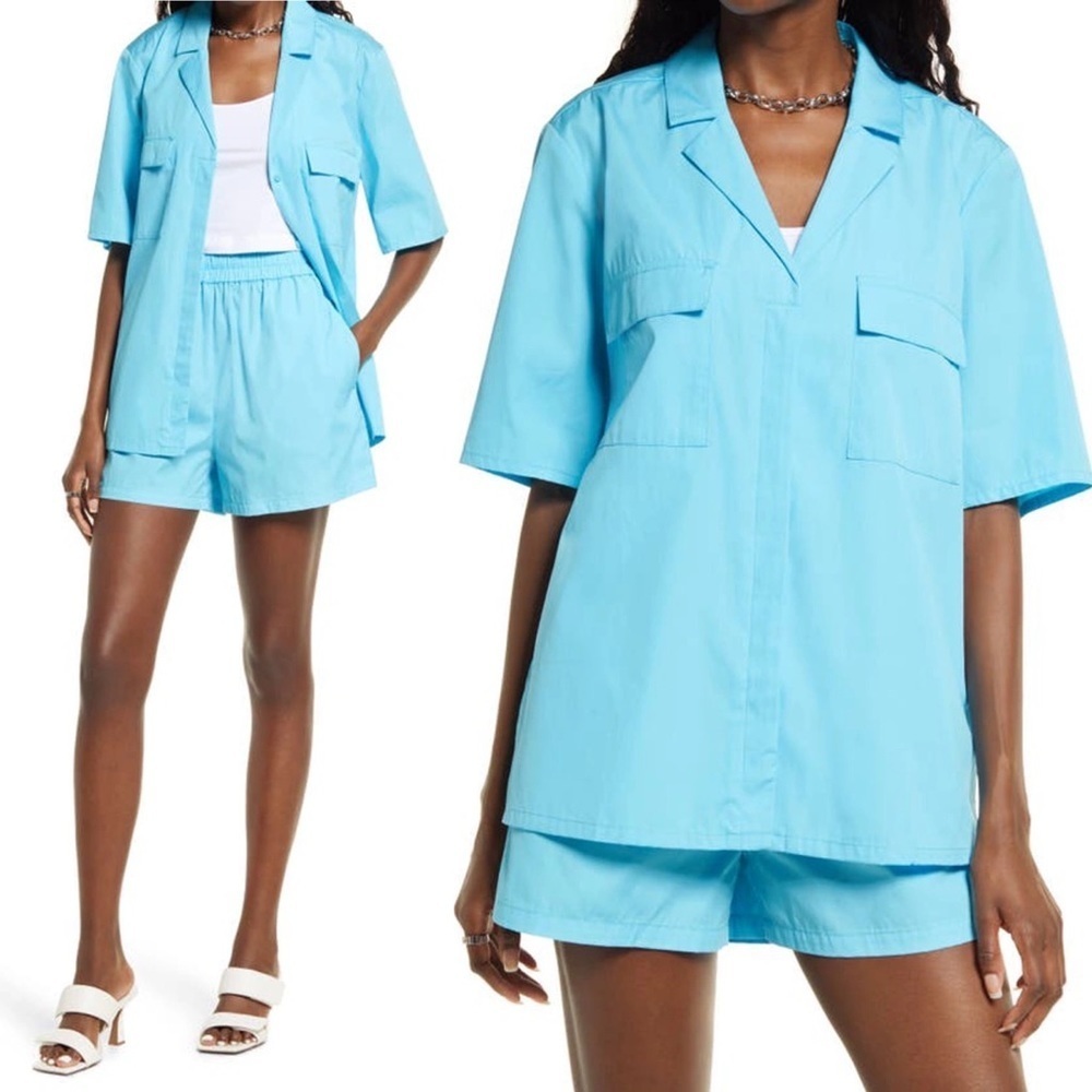 New Nordstrom 2022 Cotton Poplin Button Up Camp Shirt Blue Size XXS Short Sleeve